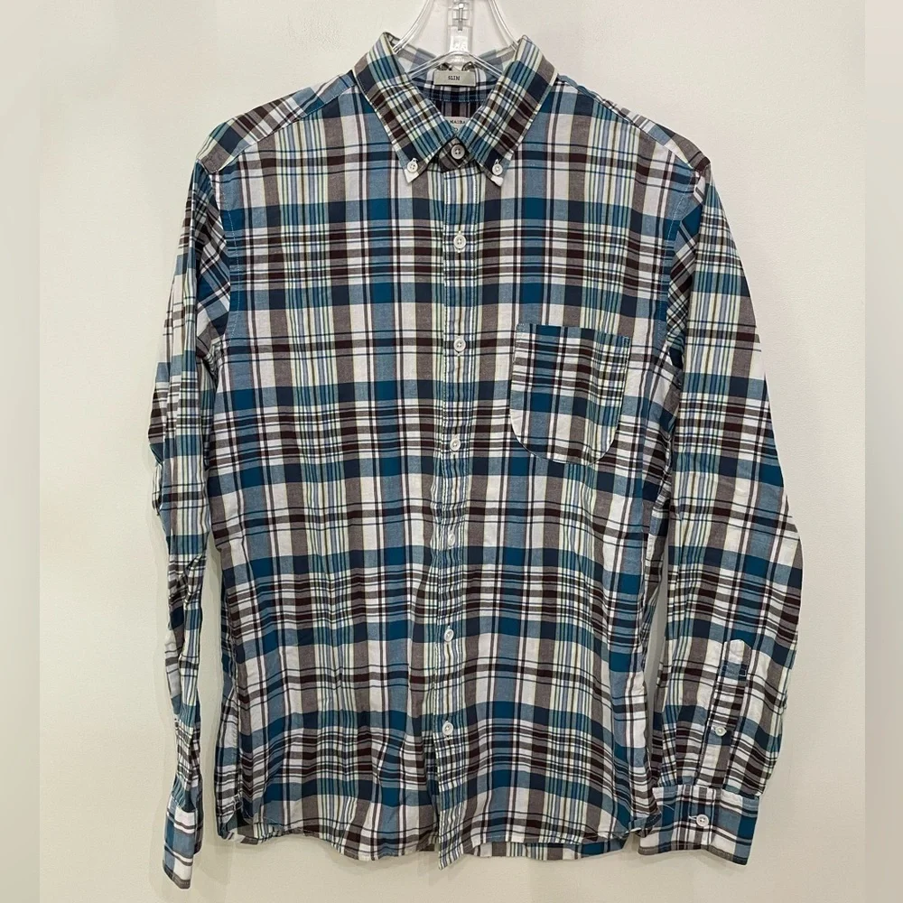 J. Crew Indian Madras Plaid Shirt Men's Size M Long Sleeve Slim Fit Button Up